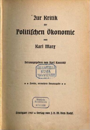 Zur Kritik der Politischen Ökonomie : Herausgegeben von Karl Kautsky