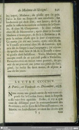 Lettre CCCCXCV. A Paris, ce Vendredi 17. Décembre, 1688