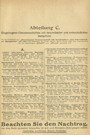 Abteilung C. Eingetragene Genossenschaften mit beschränkter und unbeschränkter Haftpflicht