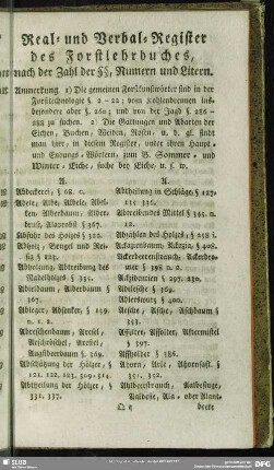 Real- und Verbal-Register des Forstlehrbuches, nach der Zahl der §§, Numern und Litern