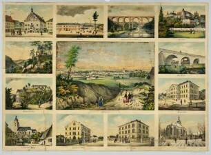 Bilderbogen mit einer größeren Stadtansicht von Plauen im Vogtland in Sachsen und zwölf kleineren Ansichten mit Gebäuden von und rund um Plauen