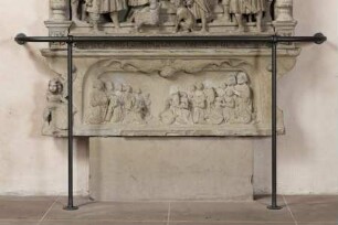 Epitaph für Andreas Hirde — Stifterfamilie mit Wappen und Inschrift