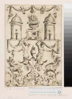 Ornament mit Feuerschale und zwei Türmen