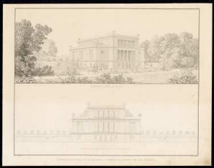 Gesellschaftshaus im Friedrich-Wilhelms-Garten, Magdeburg: Perspektivische Ansicht, Aufriss (aus: Sammlung Architektonischer Entwürfe, Berlin 1858)
