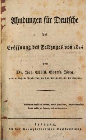Ahndungen für Deutsche bei Eröffnung des Feldzuges von 1814