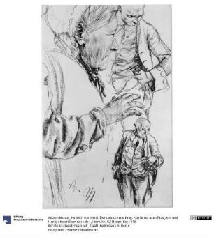 Heinrich von Kleist, Der zerbrochene Krug: Kopf einer alten Frau, Arm und Hand, älterer Mann nach der Uhr sehend, Kniestück en face, Details