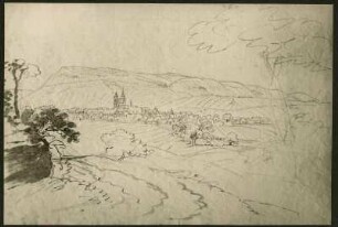 Landschaftsbild mit Dorfansicht, Wingert und Kirche