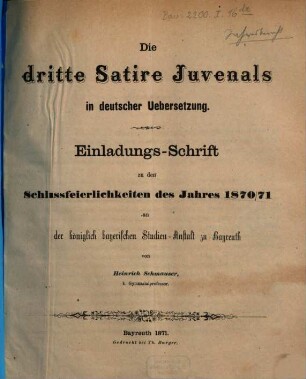 Die dritte Satire Juvenals in deutscher Uebersetzung