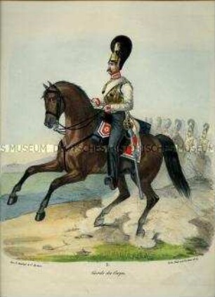 Uniformdarstellung, Reiter der Garde du Corps zu Pferd, Preußen 1830. Aus: Elzholz u.a.: Das Preussische Heer. Tafel 4.