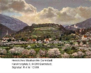 Jugenheim an der Bergstraße, Panorama im Frühling mit blühenden Obstbäumen