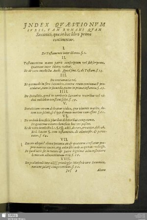 Index Quaestionum Iuris, Tam Romani Quam Saxonici, quae in hoc libro primo continentur