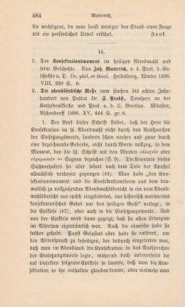 484-488 [Rezension] Watterich, Johann Matthias, Der Konsekrationsmoment im heiligen Abendmahl und seine Geschichte