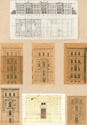 Gmelin, Leopold; Sammlung Gmelin: Handzeichnungen - Folio 2 - verschiedene Häuser u. Häuserfassaden (Grundrisse, Ansichten, Teilansichten)