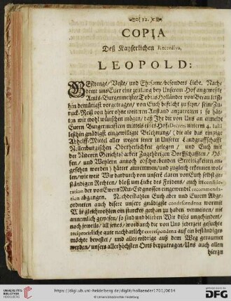 Copia deß kayserlichen Recredivs, Leopold