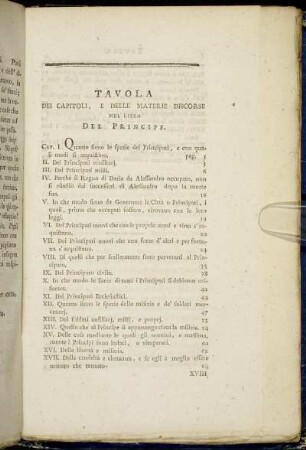 Tavola dei Capitoli, e delle Materie discorse nel libro del Principe.