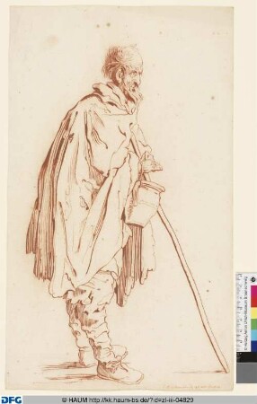 Stehender Bettler mit Krug und Stock