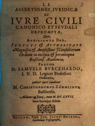 Assertiones iuridicae ex iure civili, canonico feudali depromptae