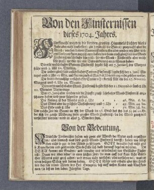 Von den Finsternissen dieses 1704. Jahres.