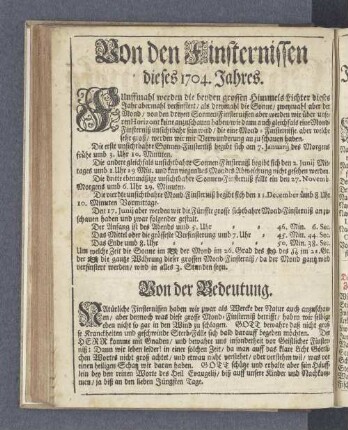 Von den Finsternissen dieses 1704. Jahres.