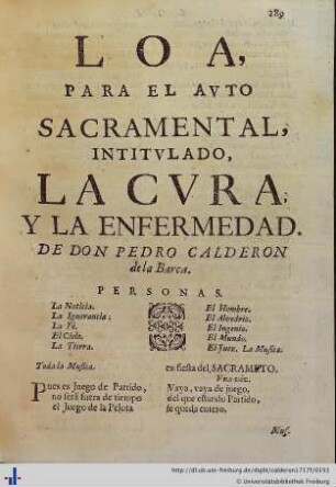 Loa para el Auto Sacramental La Cura, y la Enfermedad.