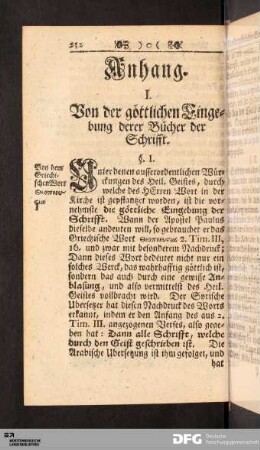 I. Von der göttlichen Eingebung derer Bücher der Schrifft.