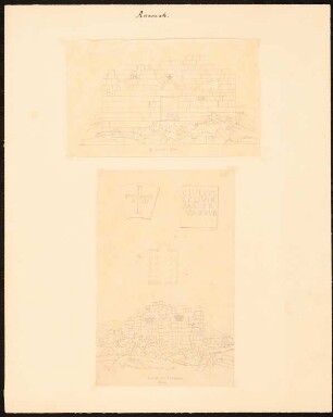 Kirchenruine, Annouah: Zwei Blätter mit perspektivischen Ansichten einer romanischen Kirchenruine, Grundriss, zwei Details Schlussstein mit Kreuz und Alpha und Omega-Symbol, Grabstein mit lateinischer Inschrift