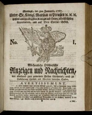 No. 1. Montags, den 5ten Januarii, 1767.