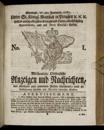 No. 1. Montags, den 5ten Januarii, 1767.