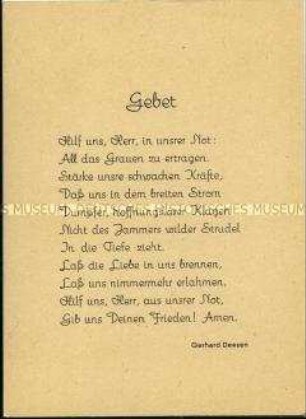 Postkarte der ökumenischen Flüchtlingshilfe, mit Gebet