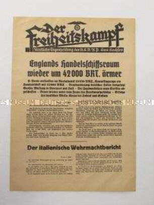 Nachrichtenblatt der sächsischen NSDAP-Zeitung "Der Freiheitskampf" über den deutschen Luftangriff auf Umschlageeinrichtungen sowie Häfen in Liverpool und Hull