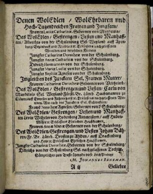 Denen Wol Edlen [...] Frawen und Jungfern [...] Luciæ Catharinæ, Gebornen von Mandeisio [...] Catharinæ Dorotheæ von der Schulenburg, Annæ Catharinæ von der Schulenburg, Didrich Herrmannen von der Schulenburg, Mariæ Luciæ von der Schulenburg, Sophiæ Agnesen von der Schulenburg [...]