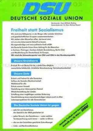 Wahlflugblatt der Deutschen Sozialen Union mit Adressabschnitt zur Anmeldung von Mitgliedschaft bei der DSU (Rückseite)