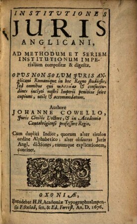 Institutiones iuris anglicani : ad methodum et seriem institutionum imperialium compositae et digestae