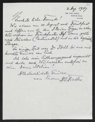 Brief von Hermann Georg Fiedler an Gerhart Hauptmann und Margarete Hauptmann