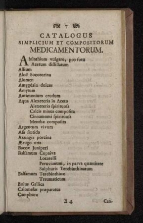 Catalogus Simplicum Et Compositorum Medicamentorum.