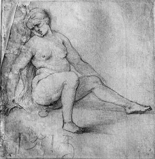 Sitzendes nacktes Mädchen (Hexe), nach rechts gewendet