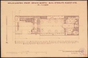 Garten Barth, Berlin-Steglitz: Garten im Grundriss mit Bezeichnung einzelner Teile und Legende 1:200, Maßstabsleiste, Stempel