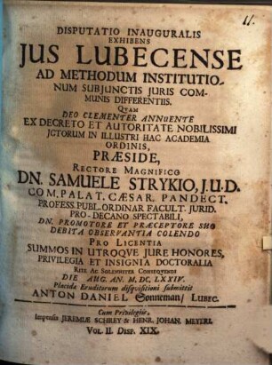 Disputatio Inauguralis Exhibens Jus Lubecense Ad Methodum Institutionum Subjunctis Juris Communis Differentiis