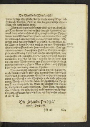 Die Zehende Predigt/ aus der Haußtafel. Wie sich das Gesinde halten sol.