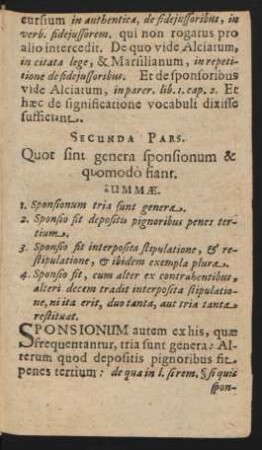 Secunda Pars. Quot sint genera sponsionum & quomodo fiant.