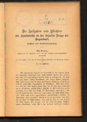 Die Aufgaben und Pflichten der Landwirthe in der sozialen Frage der Gegenwart : Bruchstück eines Sozialreformprogramms
