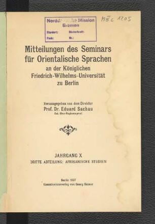10.1907: Mitteilungen des Seminars für Orientalische Sprachen an der Friedrich Wilhelms-Universität zu Berlin