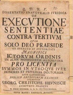 Dissertatio Inavgvralis Ivridica De Execvtione Sententiae Contra Tertivm