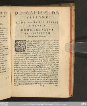 De Galliae Divisione Aldi Manutii Paulii F. Aldi N. Commentarius Ad Franciscum Morandum Sirenam.