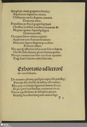 Exhortatio ad lectorem de vita solitaria.