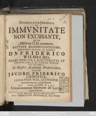 Dissertatio Juridica De Immvnitate Non Excusante