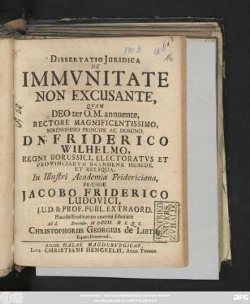 Dissertatio Juridica De Immvnitate Non Excusante