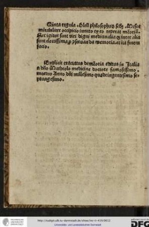 Explicit tractatus de memoria editus in Italia a domino Matheolo, medicine doctore famosissimo mortuo anno domini Millesimo quadringentesimo septuagesimo.