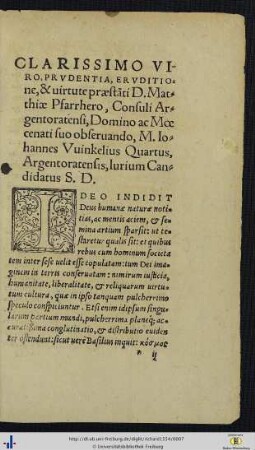 Clarissimo viro, prudentia, eruditione, & virtute praestanti D. Matthiae Pfarrhero …