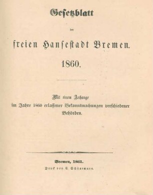 1860: Gesetzblatt der Freien Hansestadt Bremen